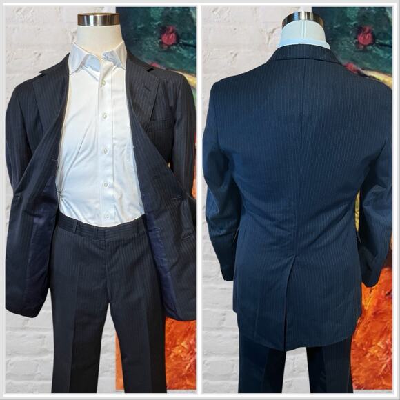 Vintage Steeplechase 42L 34x31 Dark Blue Stripe Flannel Finish Unstructured Suit - Picture 4 of 16